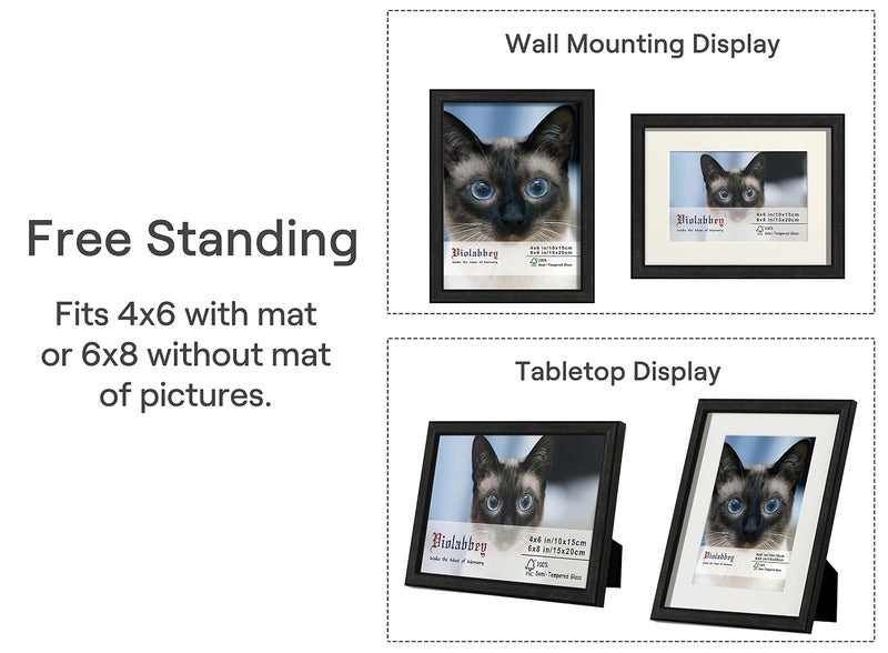 VIOLABBEY 6x8 Picture Frame Black, Photo Frame Set of 4, Display 4x6 Photo with Mat and 6x8 without Mat, Wall or Tabletop, HD Real Glass - Image 2